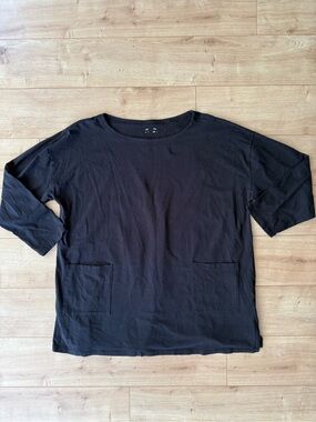 Eileen Fisher Black Organic Cotton Stretch Tunic Top 3/4 Sleeve Pockets XL